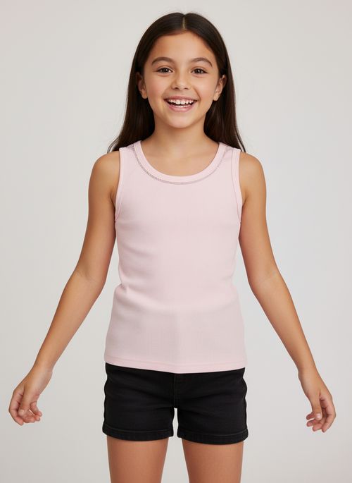 Regata Infantil Menina Rosa Claro Juvenil Canelada Strass