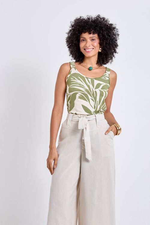 Blusa Regata Feminina Verde Folhagem Tropical