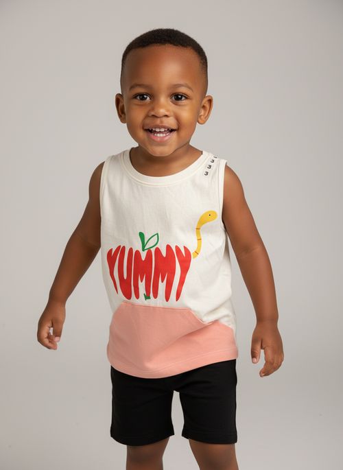 Regata Infantil Creme Bebê Estampa Maçã Yummy e Minhoca