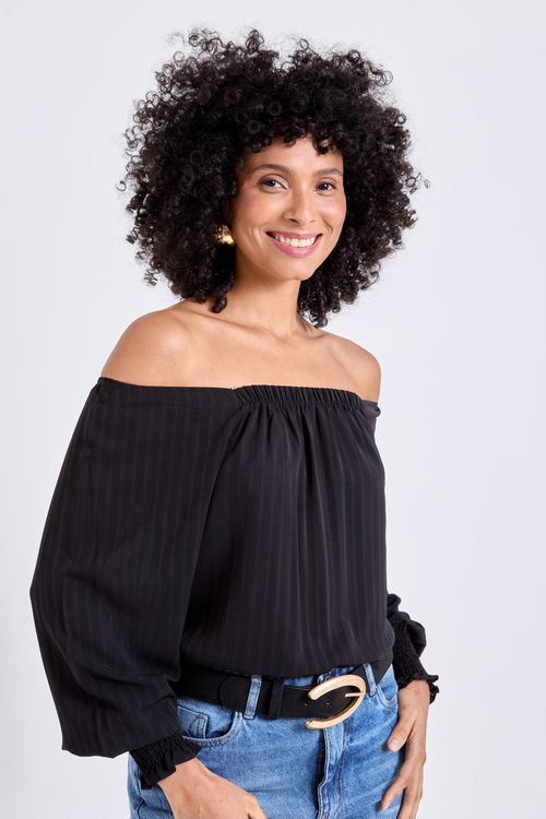 Blusa Ciganinha Feminina Preta Listras Sutis Verticais