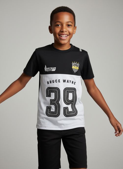 Camiseta Esportiva Infantil Menino Preto e Branco Bruce Wayne