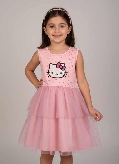 Vestido Infantil Menina Rosa Claro Hello Kitty