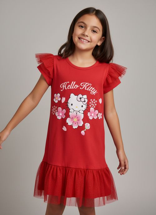 Vestido Infantil Menina Vermelho Hello Kitty e Flores