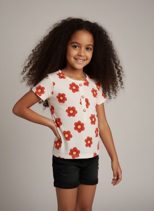 Blusa Infantil Menina Off White Floral Vermelha