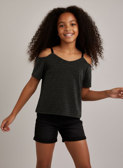 Blusa Infantil Menina Preta Juvenil com Brilho e Recorte