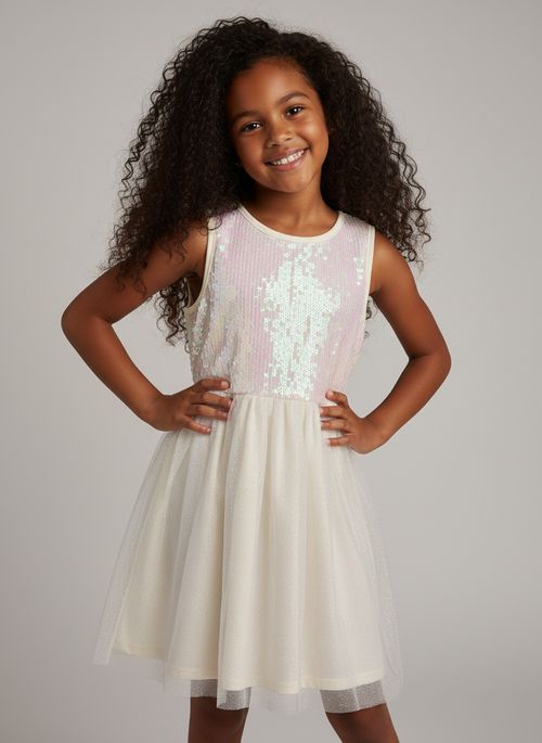 Vestido Infantil Menina Off White Paetês e Tule Brilhante