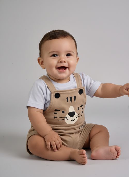 Jardineira Infantil Bebê Bege Claro Tigre Fofo