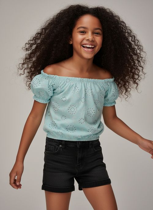 Blusa Ciganinha Infantil Menina Azul Céu Laise Bordada