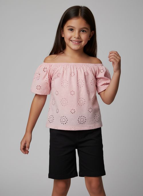 Blusa Ciganinha Infantil Menina Rosa Claro Recortes Florais