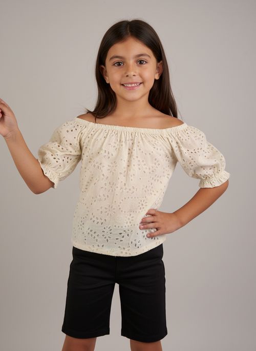 Blusa Ciganinha Infantil Menina Off White Vazada Floral