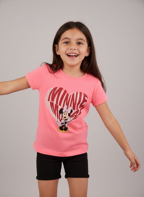 Blusa Infantil Menina Rosa Neon Minnie Coração