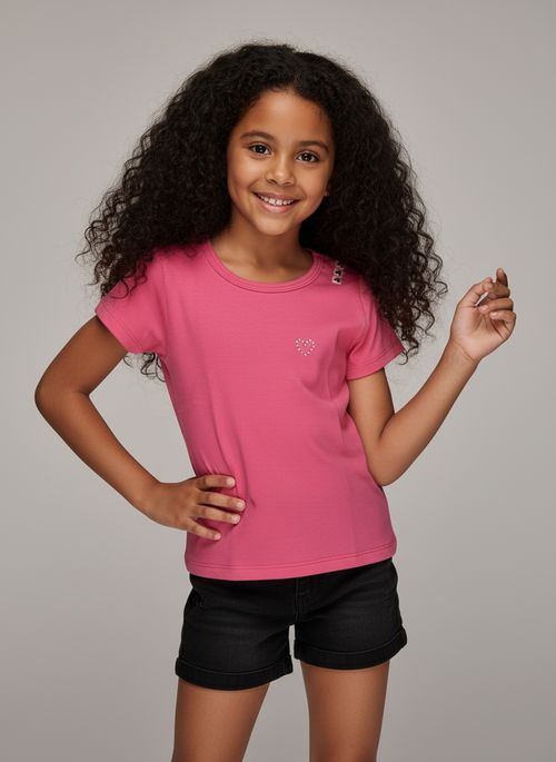 Blusa Infantil Menina Rosa Neon Coração Strass