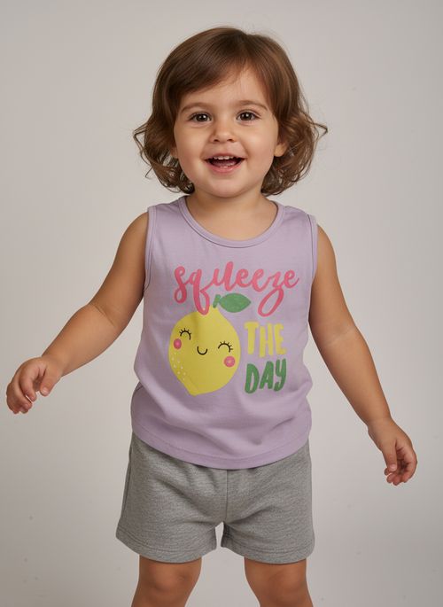 Conjunto Infantil Menina Regata Lilás Limão e Shorts Cinza Mescla