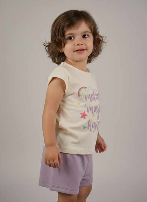 Conjunto Infantil Menina Off White Lilás Estampa Making Magic Happy