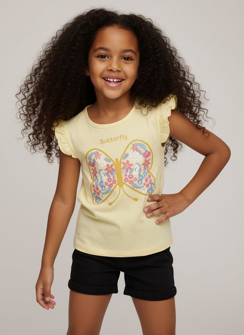 Blusa Infantil Menina Amarelo Claro Borboleta Floral