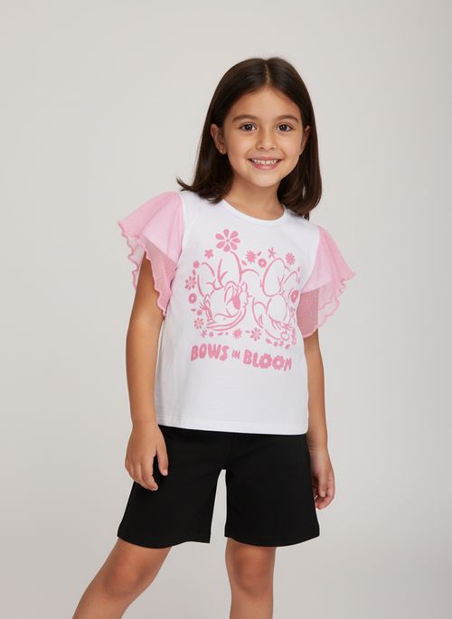Blusa Infantil Menina Branca Minnie Bows Mangas Babado Rosa