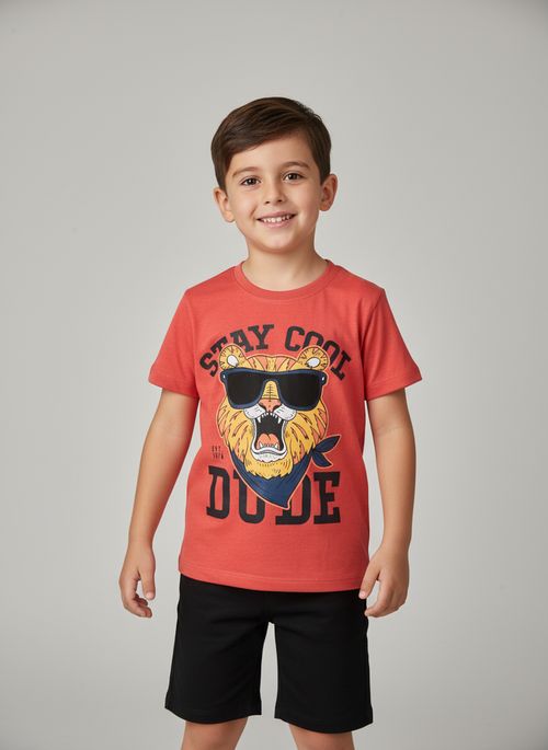Conjunto Infantil Menino Coral e Preto Estampa Tigre Cool