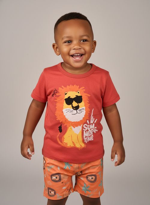Conjunto Blusa e Shorts Infantil Menino Vermelho Laranja Leão Descolado
