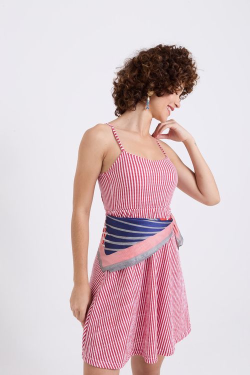 Vestido Curto Feminino Vermelho e Branco Listrado com Faixa
