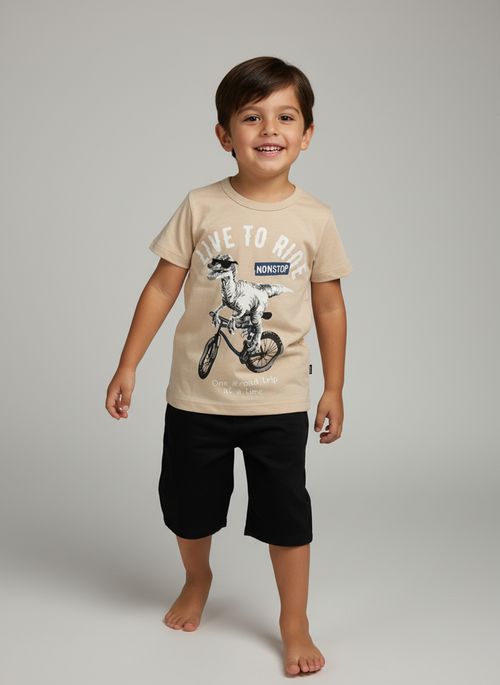 Conjunto Infantil Menino Bege e Preto Dino Biker Aventura