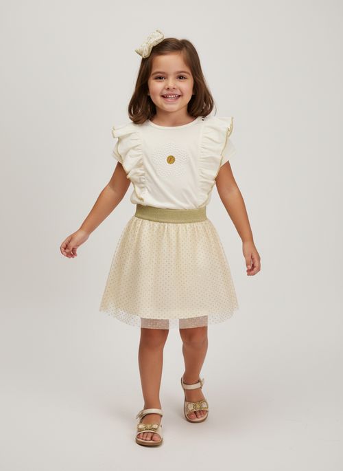 Conjunto Infantil Menina Off White Floral Poá Dourado