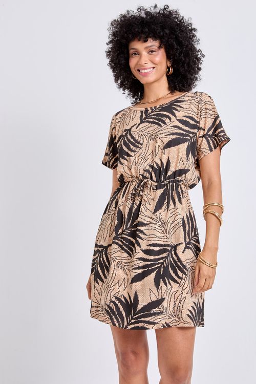 Vestido Feminino Estampa Tropical Folhas Bege Preto