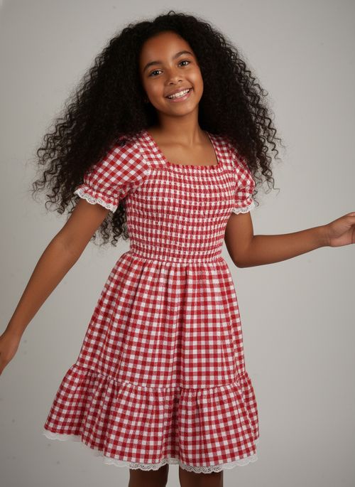 Vestido Infantil Menina Vermelho e Branco Vichy