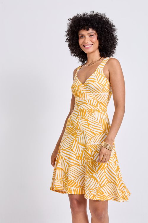 Vestido Feminino Amarelo Estampa Tropical Folhagens