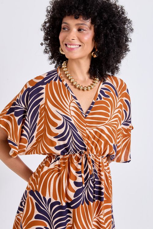 Vestido Midi Feminino Estampa Folhagem Sofisticada