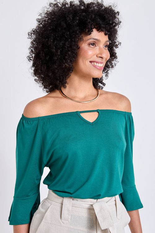 Blusa Ciganinha Feminina Verde Médio Vazada Manga Longa