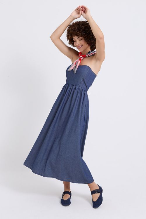 Vestido Jeans Midi Tomara Que Caia Feminino Azul Médio