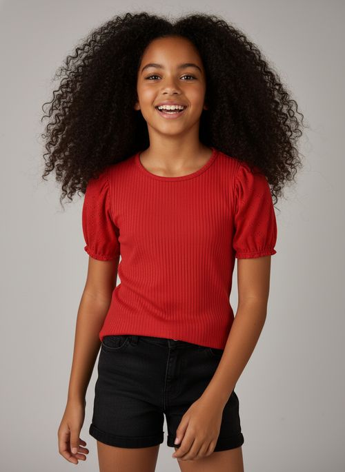 Blusa Infantil Menina Vermelho Claro Manga Laise 10 a 16 Anos