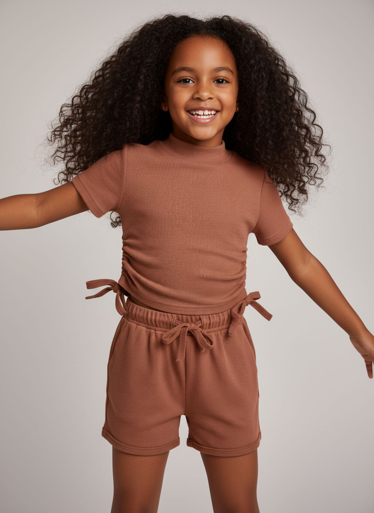 Conjunto Infantil Menina Marrom Canelado Blusa Shorts - imagem 1