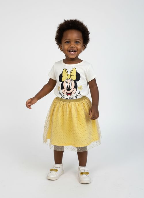 Conjunto Infantil Menina Off White Amarelo Minnie Mouse