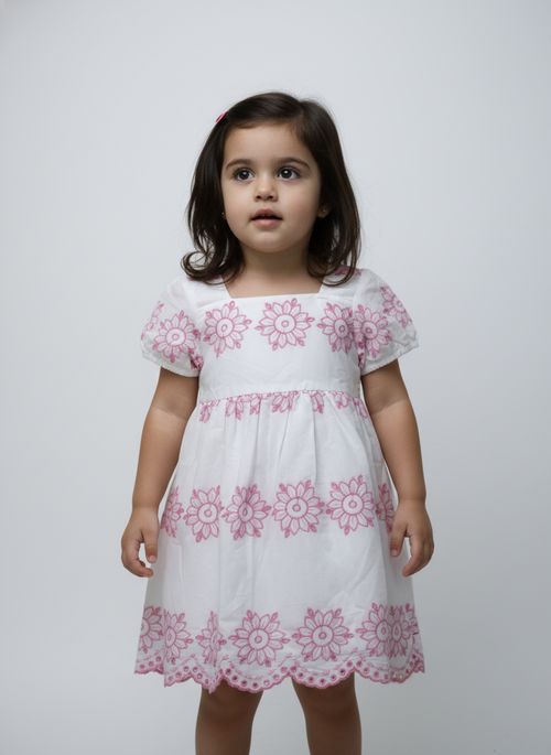 Vestido Infantil Menina Branco Floral Rosa
