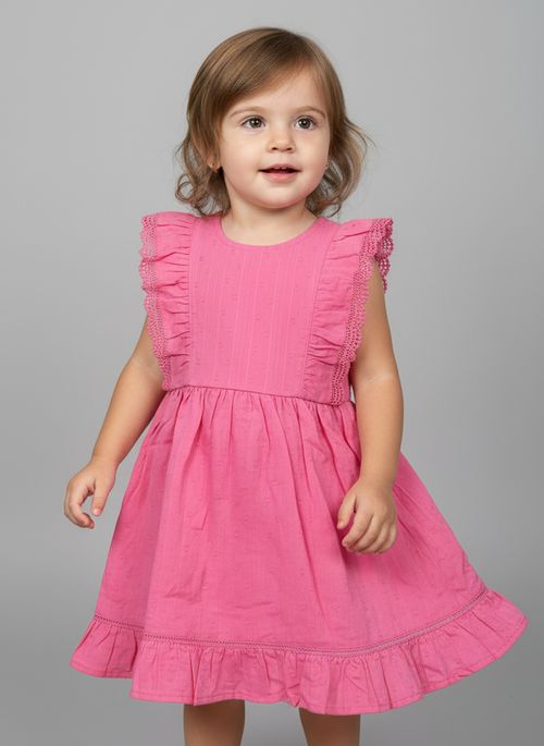 Vestido Infantil Menina Rosa Médio Laise Babados