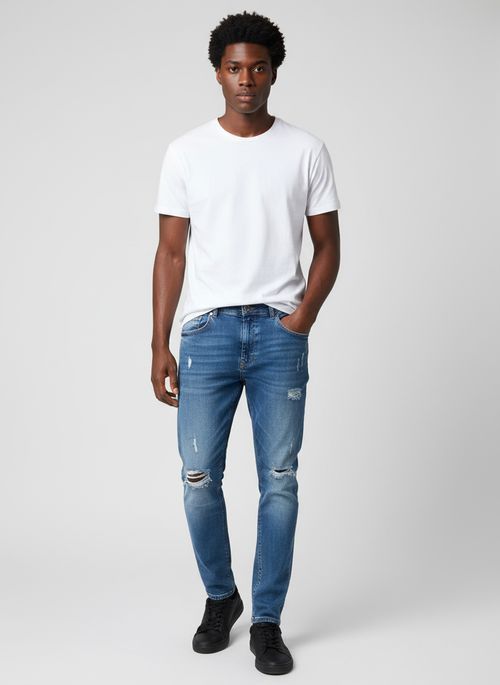 Calça Jeans Masculina Azul Médio Skinny Destroyed