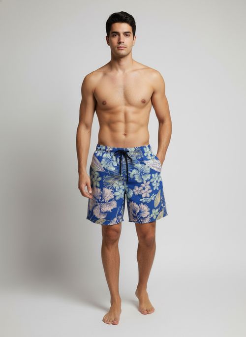 Shorts de Banho Masculino Azul Tropical Floral