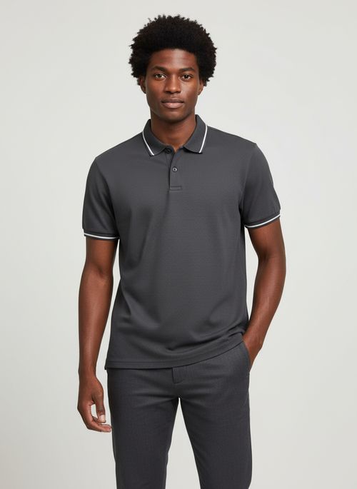 Polo Masculina Chumbo Texturizada com Friso Branco