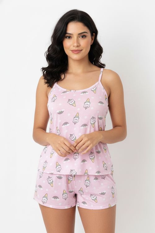 Pijama Feminino Rosa Estampa Sorvetes e Arco-Íris