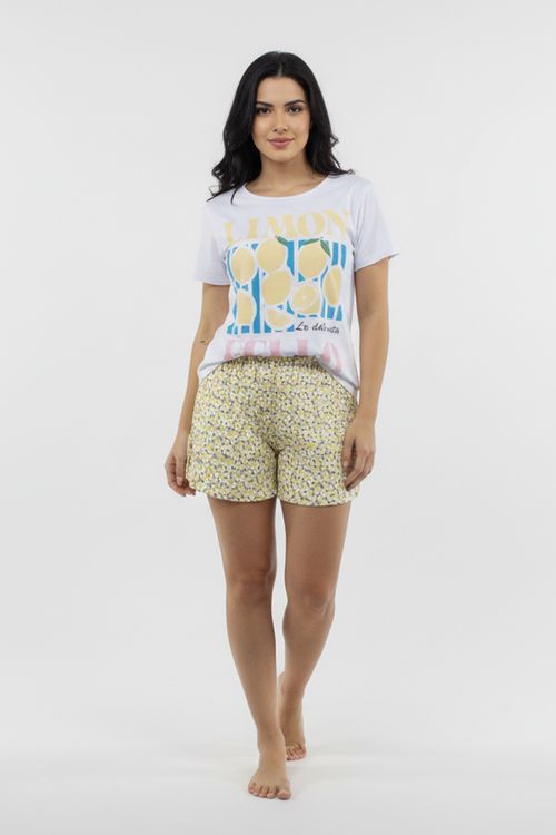 Conjunto Pijama Curto Feminino Branco e Amarelo Limões e Floral