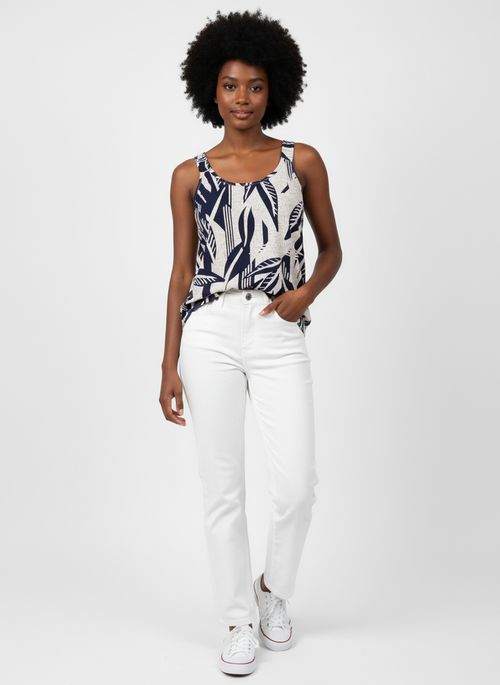 Regata Feminina Azul Marinho e Off-White Estampa Folhagem Tropical