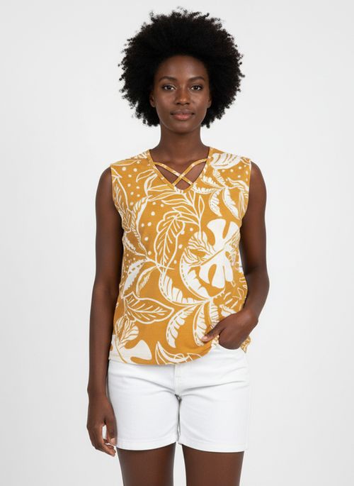 Blusa Regata Feminina Mostarda Folhagem Tropical