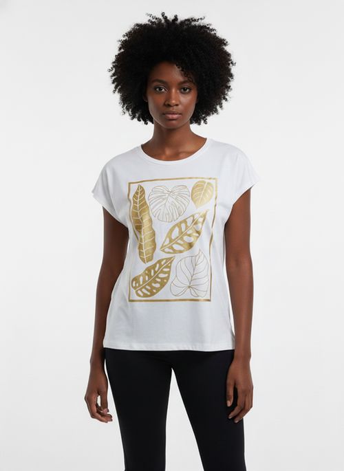 Blusa Feminina Off White Folhagem Tropical Dourada