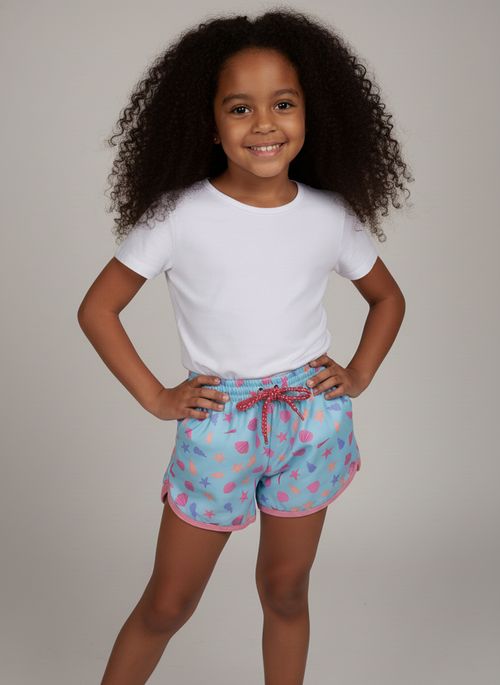 Shorts Infantil Menina Azul Claro Estampa Conchas e Estrelas