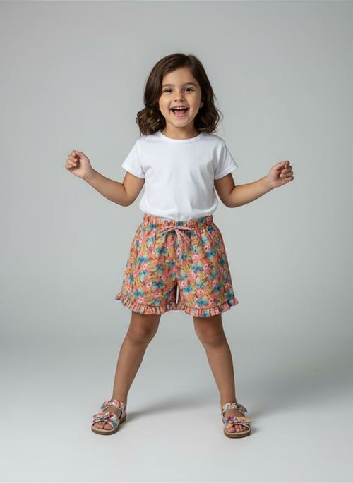 Shorts Infantil Menina Coral Estampa Floral Borboletas