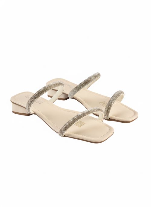 Sandália Feminina Off-White com Tiras de Strass