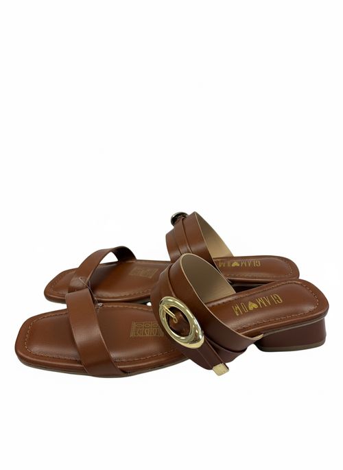 Sandália Feminina Caramelo Salto Bloco Fivela Dourada