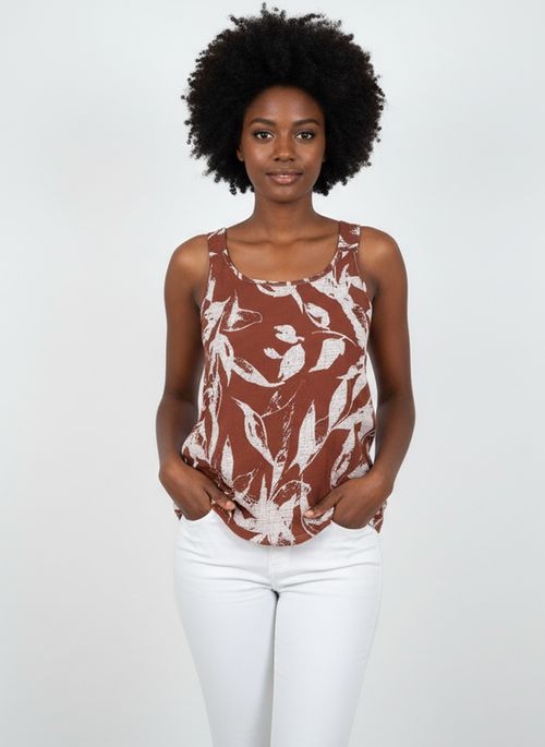 Blusa Regata Feminina Marrom Folhagem