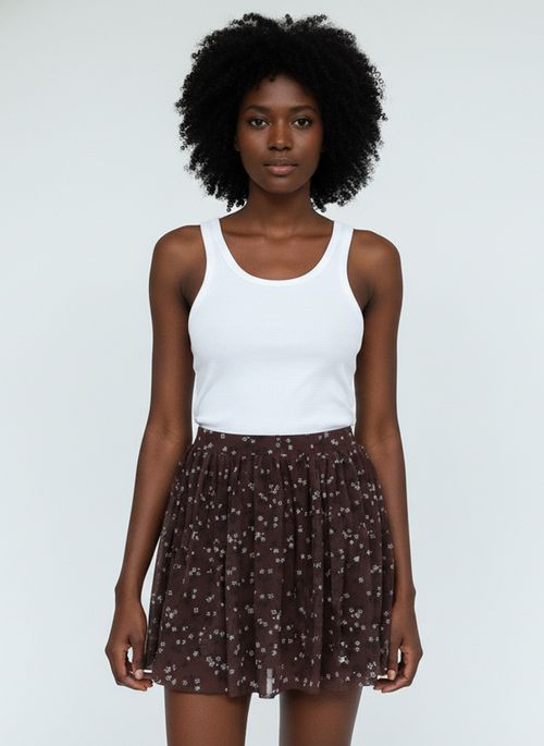 Saia Curta Balonê Feminina Marrom Floral Liberty